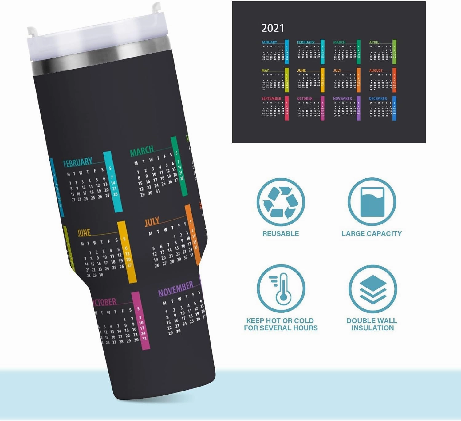 Poeticcity Stainless Steel Car Travel Mug, Thermal Tumbler Insulated Water Bottle Hot Holder Vacuum Coffee Cold Tea Cup 40 oz Colorful Calendar Template Mock up Week Starts on Monday on Dark