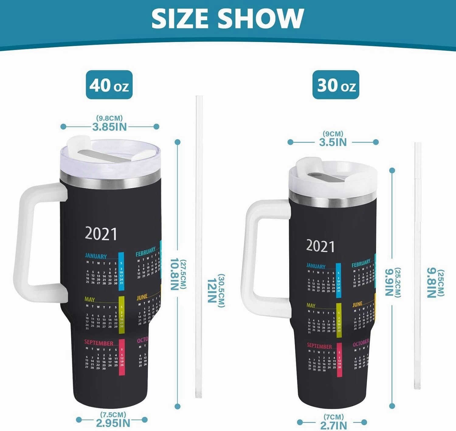 Poeticcity Stainless Steel Car Travel Mug, Thermal Tumbler Insulated Water Bottle Hot Holder Vacuum Coffee Cold Tea Cup 40 oz Colorful Calendar Template Mock up Week Starts on Monday on Dark