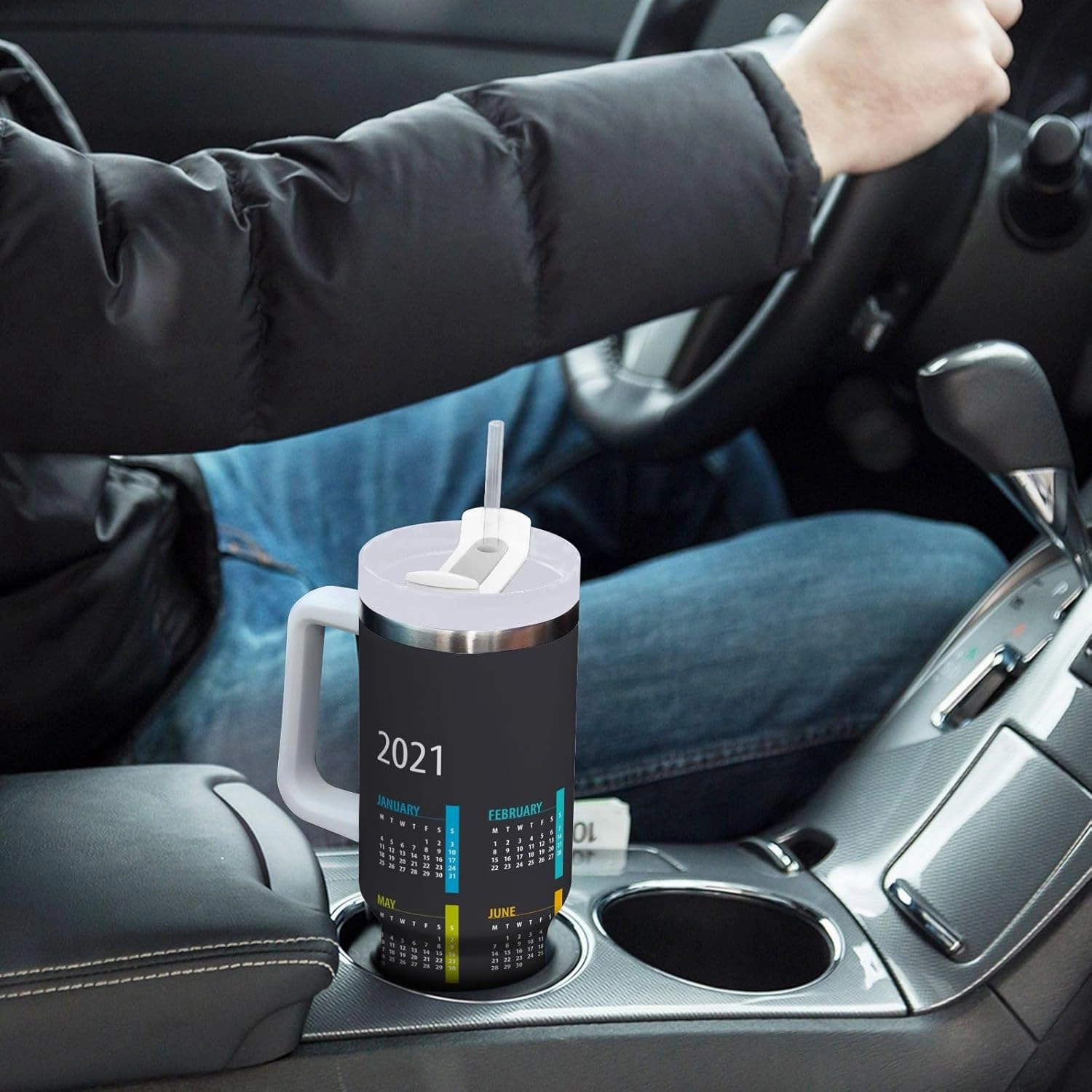 Poeticcity Stainless Steel Car Travel Mug, Thermal Tumbler Insulated Water Bottle Hot Holder Vacuum Coffee Cold Tea Cup 40 oz Colorful Calendar Template Mock up Week Starts on Monday on Dark