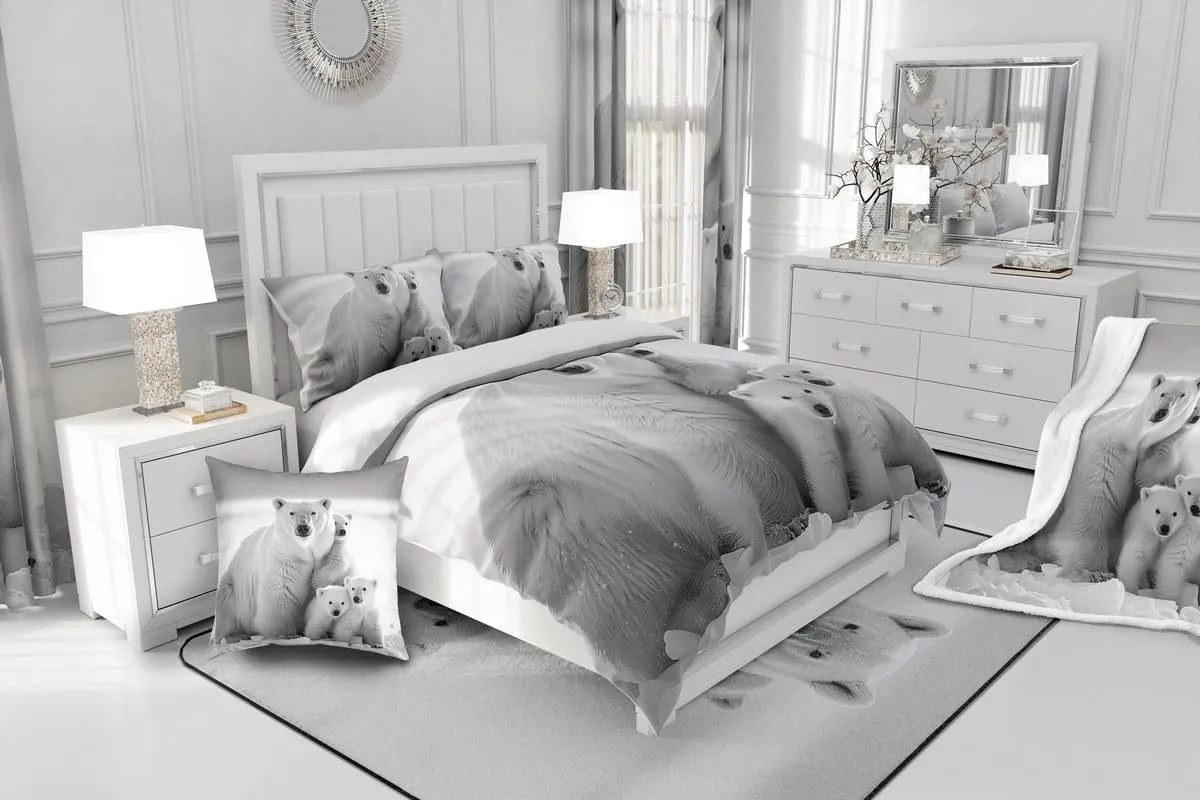 Polar Bear Family Duvet Cover Queen Size,White and Gray Comforter Cover with 2 Pillowcase for Teens Adult,Kids Polar Bear Bedding Set,Arctic Scenery Breathable 3 Pcs Decorative Bed Cover(No Comforter)