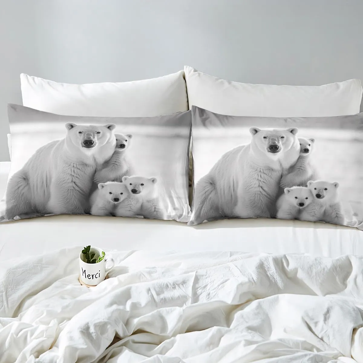 Polar Bear Family Duvet Cover Queen Size,White and Gray Comforter Cover with 2 Pillowcase for Teens Adult,Kids Polar Bear Bedding Set,Arctic Scenery Breathable 3 Pcs Decorative Bed Cover(No Comforter)