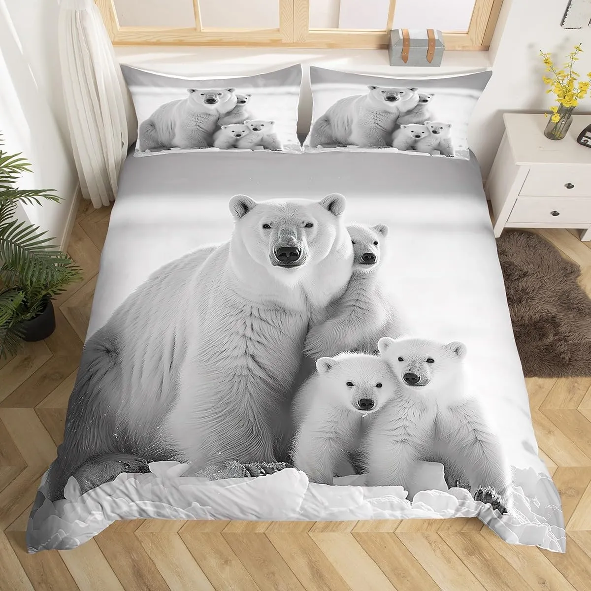 Polar Bear Family Duvet Cover Queen Size,White and Gray Comforter Cover with 2 Pillowcase for Teens Adult,Kids Polar Bear Bedding Set,Arctic Scenery Breathable 3 Pcs Decorative Bed Cover(No Comforter)