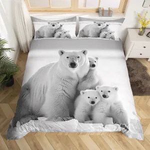 Polar Bear Family Duvet Cover Queen Size,White and Gray Comforter Cover with 2 Pillowcase for Teens Adult,Kids Polar Bear Bedding Set,Arctic Scenery Breathable 3 Pcs Decorative Bed Cover(No Comforter)
