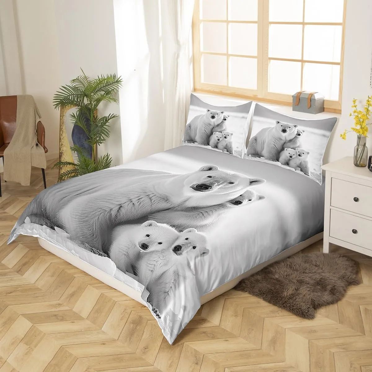 Polar Bear Family Duvet Cover Queen Size,White and Gray Comforter Cover with 2 Pillowcase for Teens Adult,Kids Polar Bear Bedding Set,Arctic Scenery Breathable 3 Pcs Decorative Bed Cover(No Comforter)