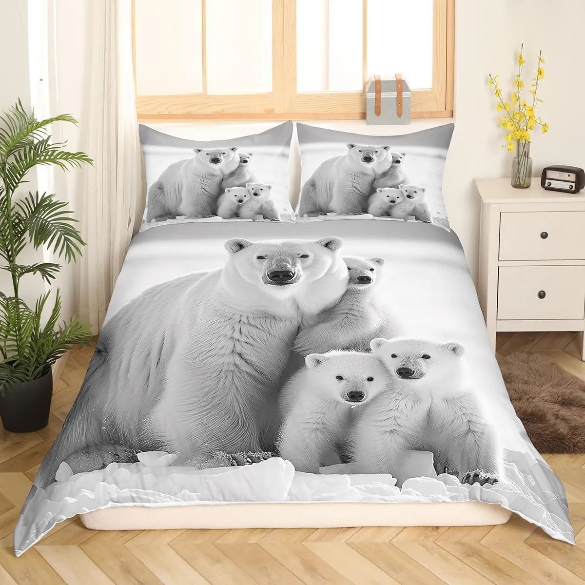 Polar Bear Family Duvet Cover Queen Size,White and Gray Comforter Cover with 2 Pillowcase for Teens Adult,Kids Polar Bear Bedding Set,Arctic Scenery Breathable 3 Pcs Decorative Bed Cover(No Comforter)