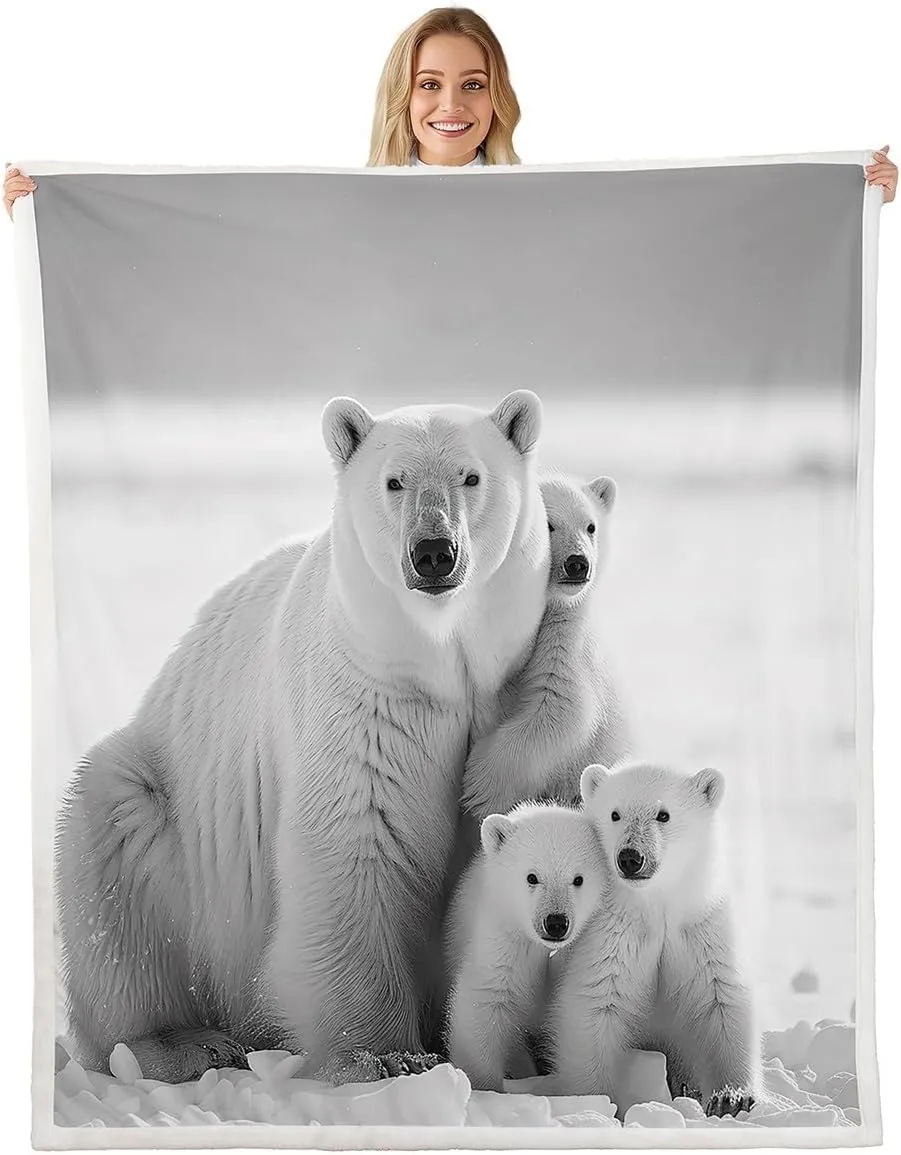 Polar Bear Family Throw Blanket White and Gray Fleece Blanket Polar Bear Bed Blanket for Couch or Bed Arctic Scenery Blanket Soft Warm Lightweight for Kids Adults Women Gift(40x50 Inches)
