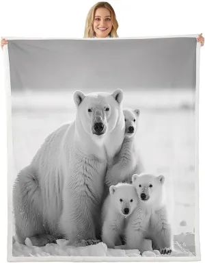Polar Bear Family Throw Blanket White and Gray Fleece Blanket Polar Bear Bed Blanket for Couch or Bed Arctic Scenery Blanket Soft Warm Lightweight for Kids Adults Women Gift(40x50 Inches)