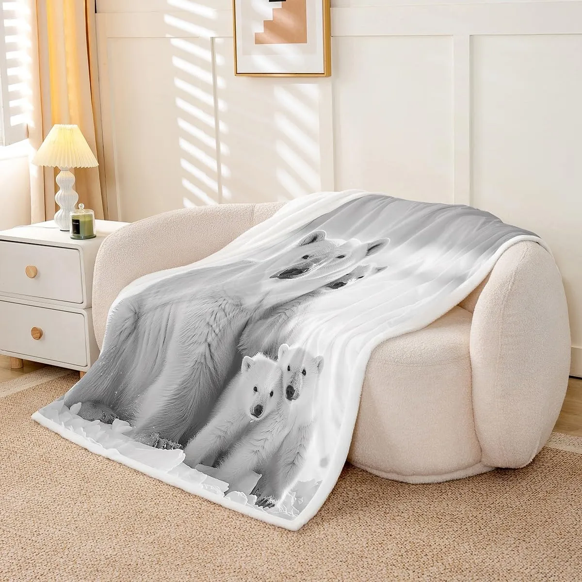 Polar Bear Family Throw Blanket White and Gray Fleece Blanket Polar Bear Bed Blanket for Couch or Bed Arctic Scenery Blanket Soft Warm Lightweight for Kids Adults Women Gift(40x50 Inches)