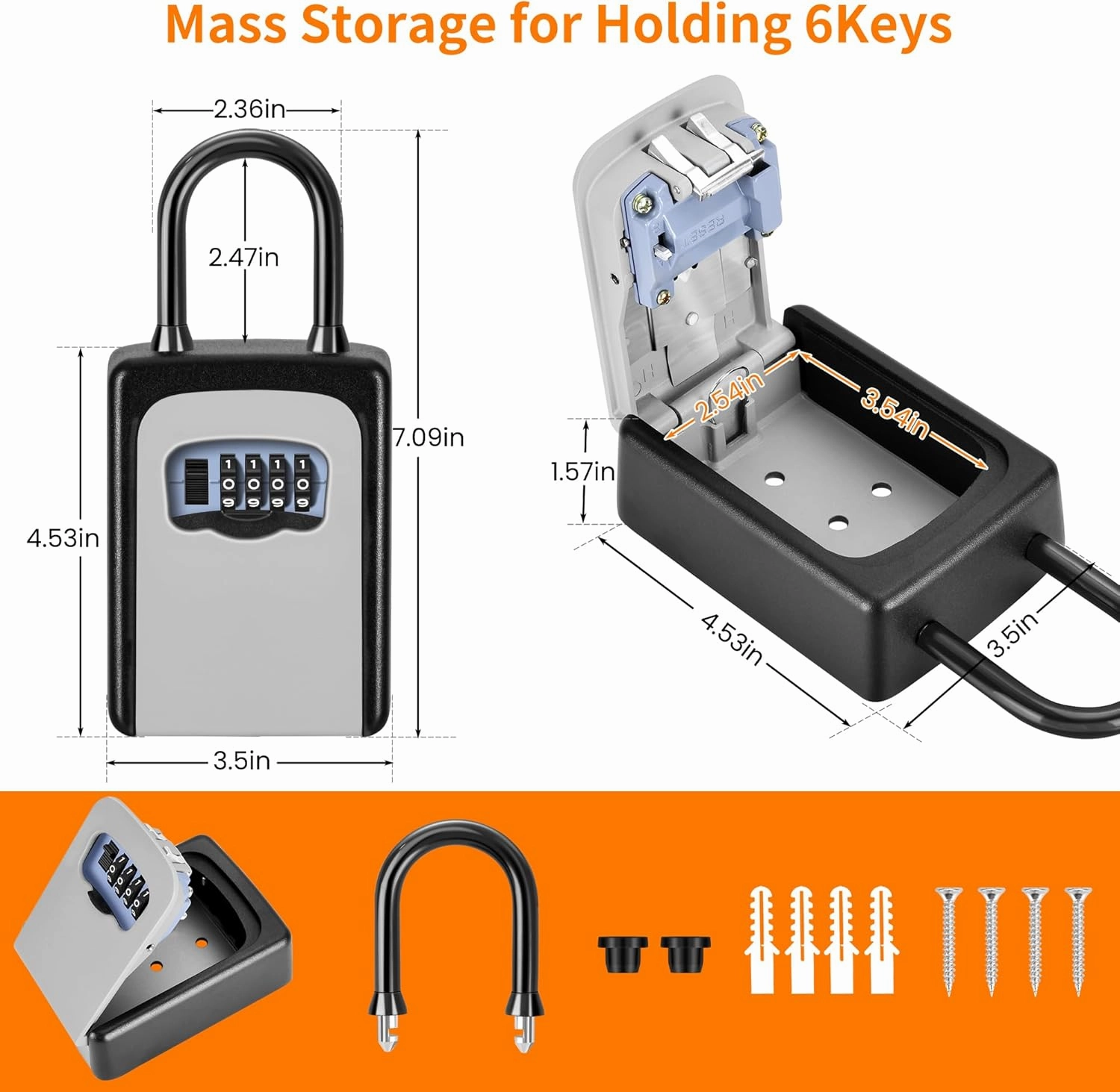Portable Key Lock Box, Upgrade Clearly Visible Numbers, Lock Box Wall Mounted for House Key, 5 Key Capacity, Weatherproof Resettable Code (1 Pack, Gray)