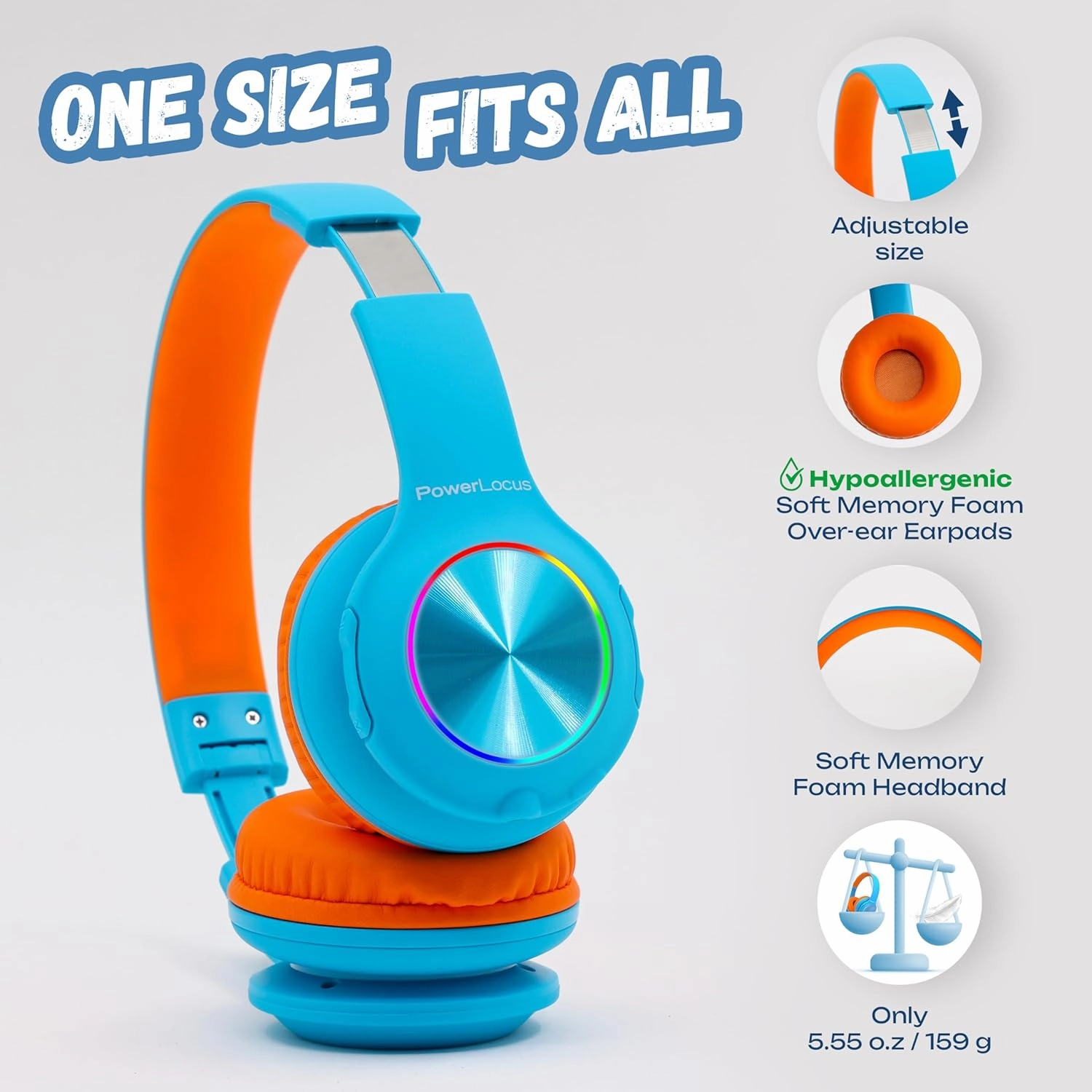 PowerLocus PLED Kids Bluetooth Headphones, Kids Wireless Headphones with LED Lights, 74/85/94dB Safe Volume, Micro SD, AUX Cable, Hi-Fi Stereo, Built-in Mic Over Ear Kid Headphone for Travel/Tablet/PC