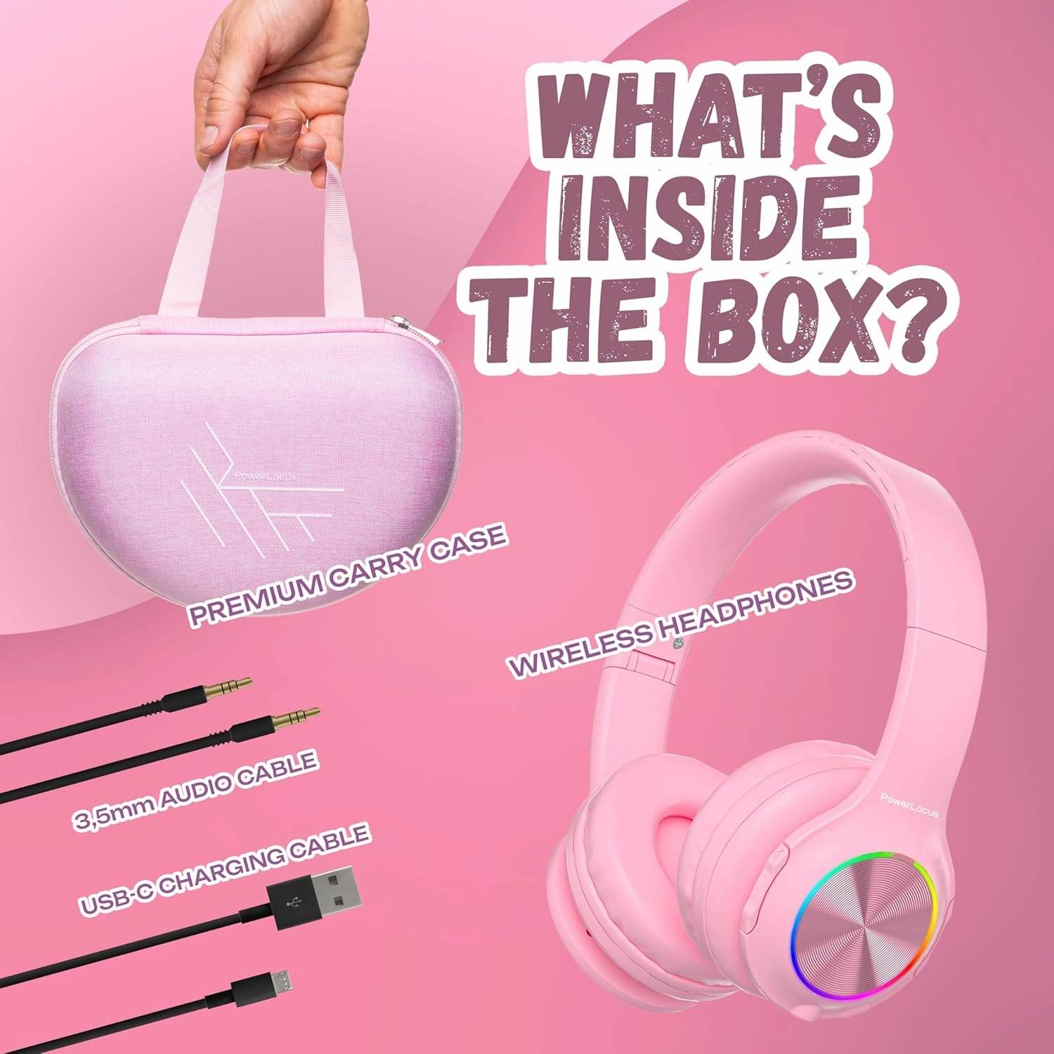 PowerLocus PLED Kids Bluetooth Headphones, Kids Wireless Headphones with LED Lights, 74/85/94dB Safe Volume, Micro SD, AUX Cable, Hi-Fi Stereo, Built-in Mic Over Ear Kid Headphone for Travel/Tablet/PC