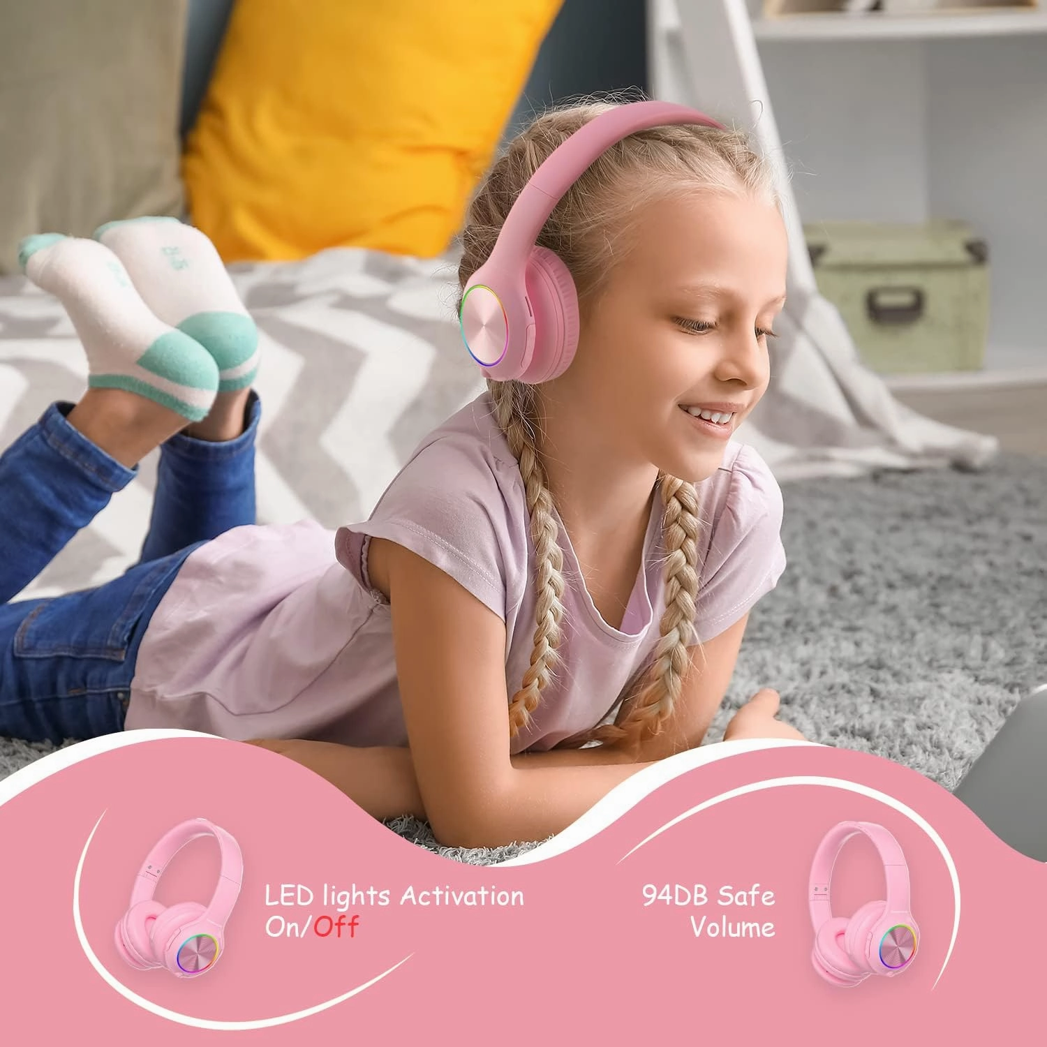 PowerLocus PLED Kids Bluetooth Headphones, Kids Wireless Headphones with LED Lights, 74/85/94dB Safe Volume, Micro SD, AUX Cable, Hi-Fi Stereo, Built-in Mic Over Ear Kid Headphone for Travel/Tablet/PC