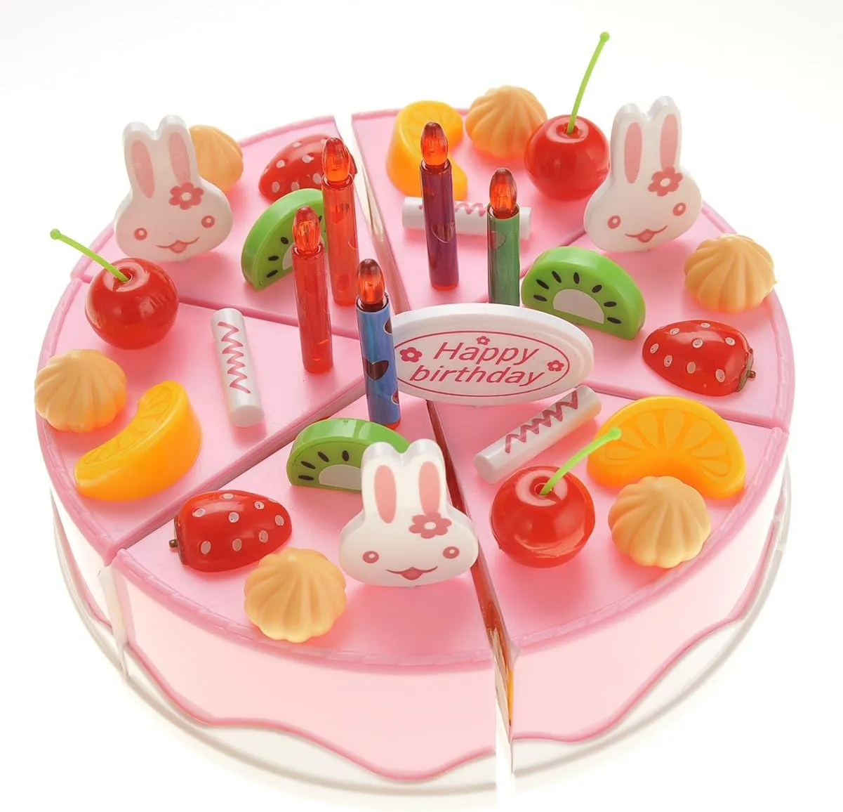 PowerTRC 75 Pcs DIY Birthday Cake Food Cutting Kitchen Toy Set | Pretend Party Role Play Sweet Tea Party Set Gift with Cake, Ice Cream, Biscuit, Removable Candles & Stickers for Kids (Pink)