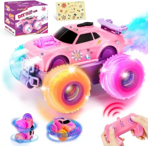 Princess Remote Control Car for Girl, Pink Monster Truck with DIY Sticker, Headlight, Colorful Wheel Light, Rotation, Spin and Spray, Toy Cars for Girl Age 4-6 6-8 8-12 Birthday Gift