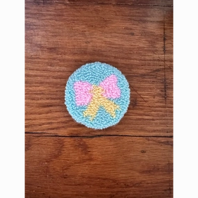 Punch Needle Hand-made Car Coasters: Light Blue w Pink Bow
