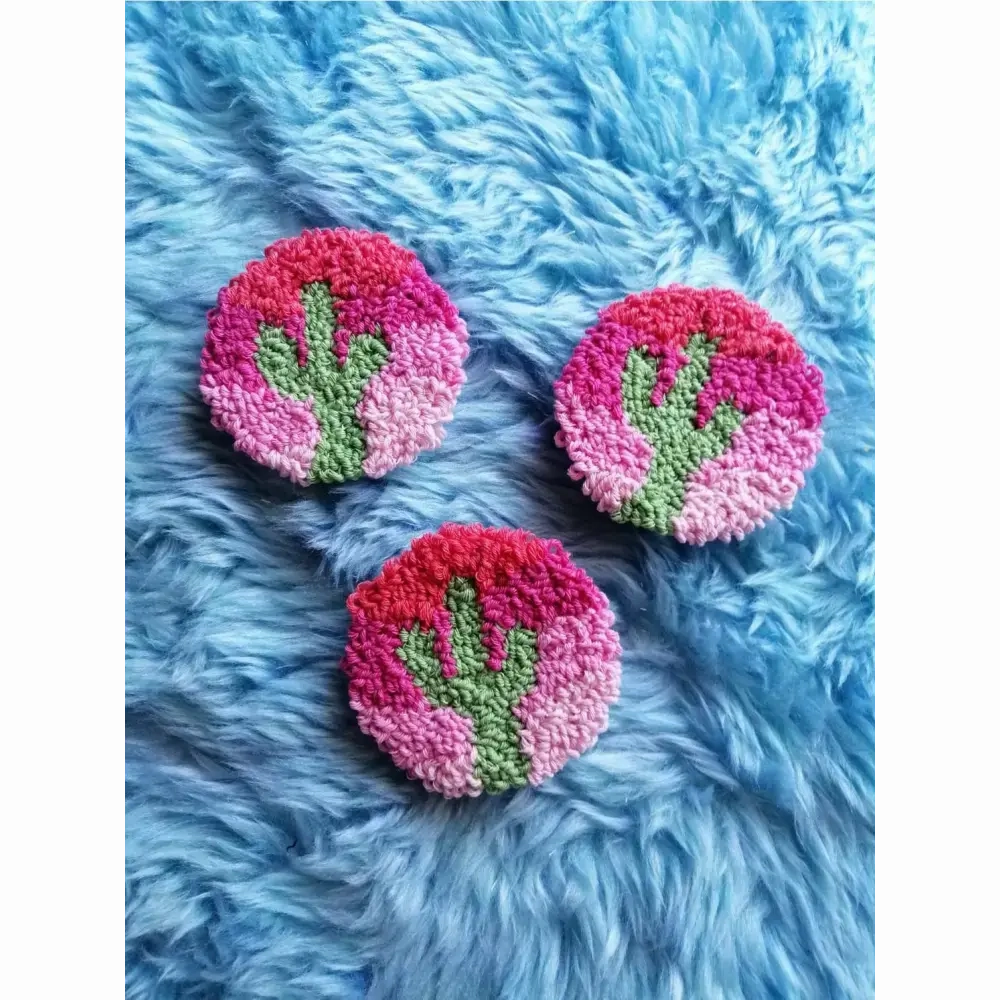 Punch Needle Hand-made Car Coasters: Pink w Green Cactus