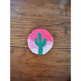 Punch Needle Hand-made Car Coasters: Pink w Green Cactus