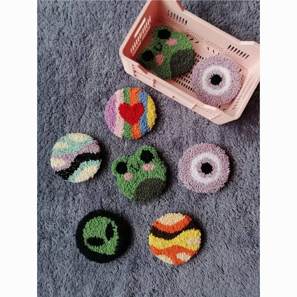 Punch Needle Hand-made Car Coasters: Rainbow Stripe w Red Heart