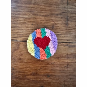 Punch Needle Hand-made Car Coasters: Rainbow Stripe w Red Heart