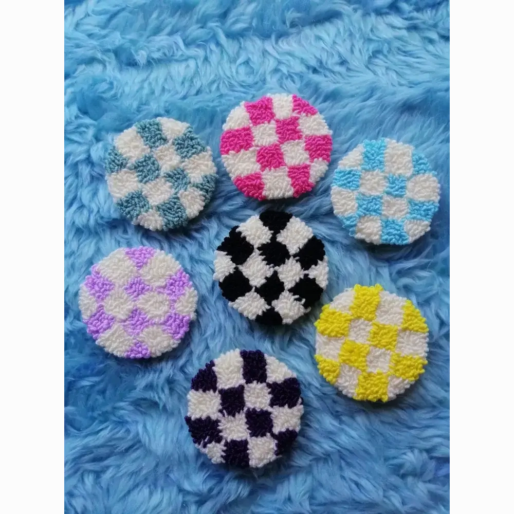 Punch Needle Hand-made Car Coasters: Teal Checkered
