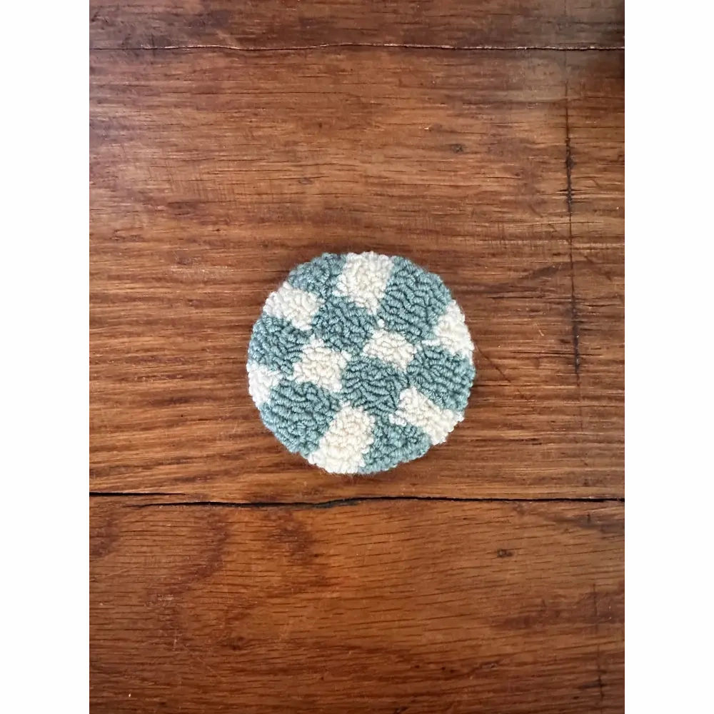 Punch Needle Hand-made Car Coasters: Teal Checkered