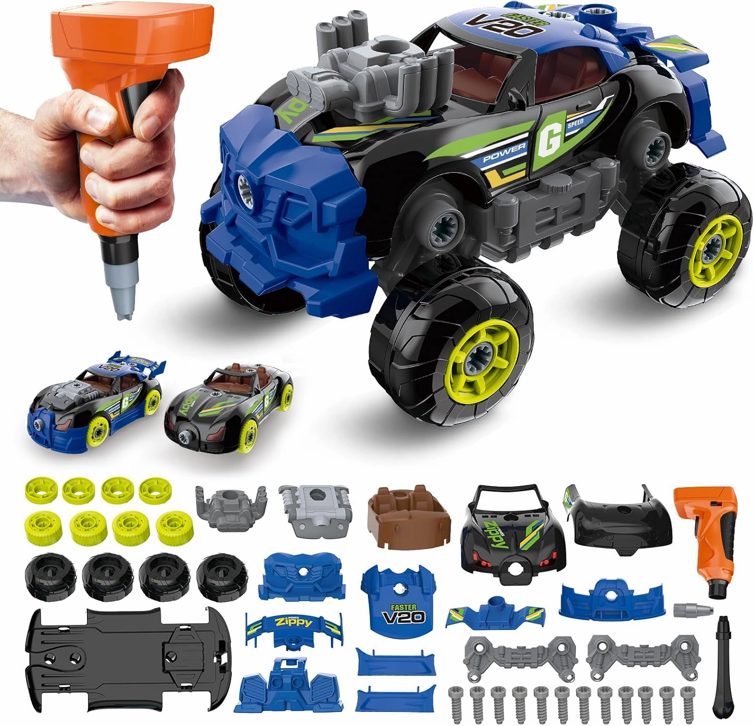 Pup Go 3-in-1 Take Apart Car for Boys with Electric Drill, 43Pcs Construction Toy Truck, Build Your Own Car with Play Tools, Ideal STEM Present for Kids Children Ages 3 4 5 6 7 Year Black
