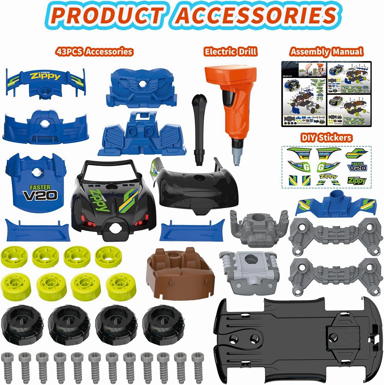 Pup Go 3-in-1 Take Apart Car for Boys with Electric Drill, 43Pcs Construction Toy Truck, Build Your Own Car with Play Tools, Ideal STEM Present for Kids Children Ages 3 4 5 6 7 Year Black