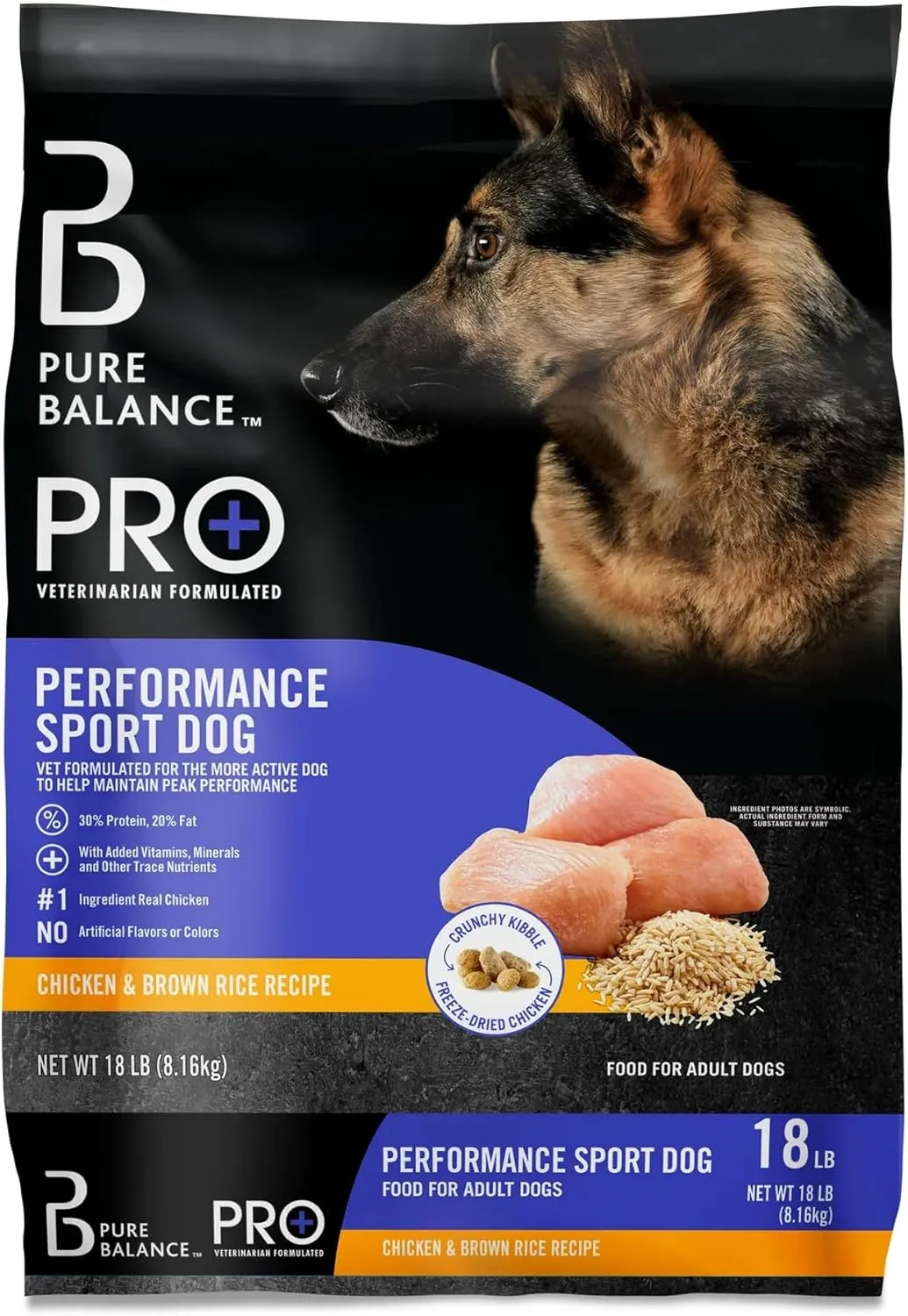 Pure Balance Pro  Performance Sport Dog Food, Chicken & Brown Rice Recipe, 18 lb Bag, Vet Formulated, Freeze-Dried Chicken, 30% Protein, No Artificial Flavors, Active Adult Dogs, High Energy Kibble