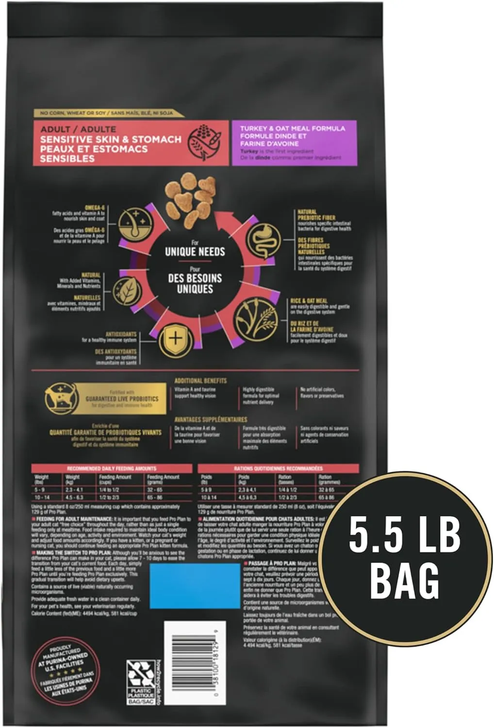 Purina Pro Plan With Probiotics, Sensitive Skin & Stomach, Natural Dry Cat Food, Turkey & Oat Meal Formula - 5.5 lb. Bag