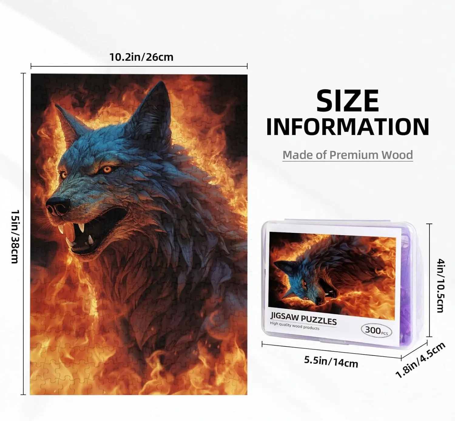 Puzzles 300 Pieces Personalized Jigsaw Puzzles Wolf Surrounded by Fire Photo Puzzle with Storage Bag Challenging Picture Puzzle for Adults Picture Puzzle for Family Decor Jigsaw (10.2" x 15")