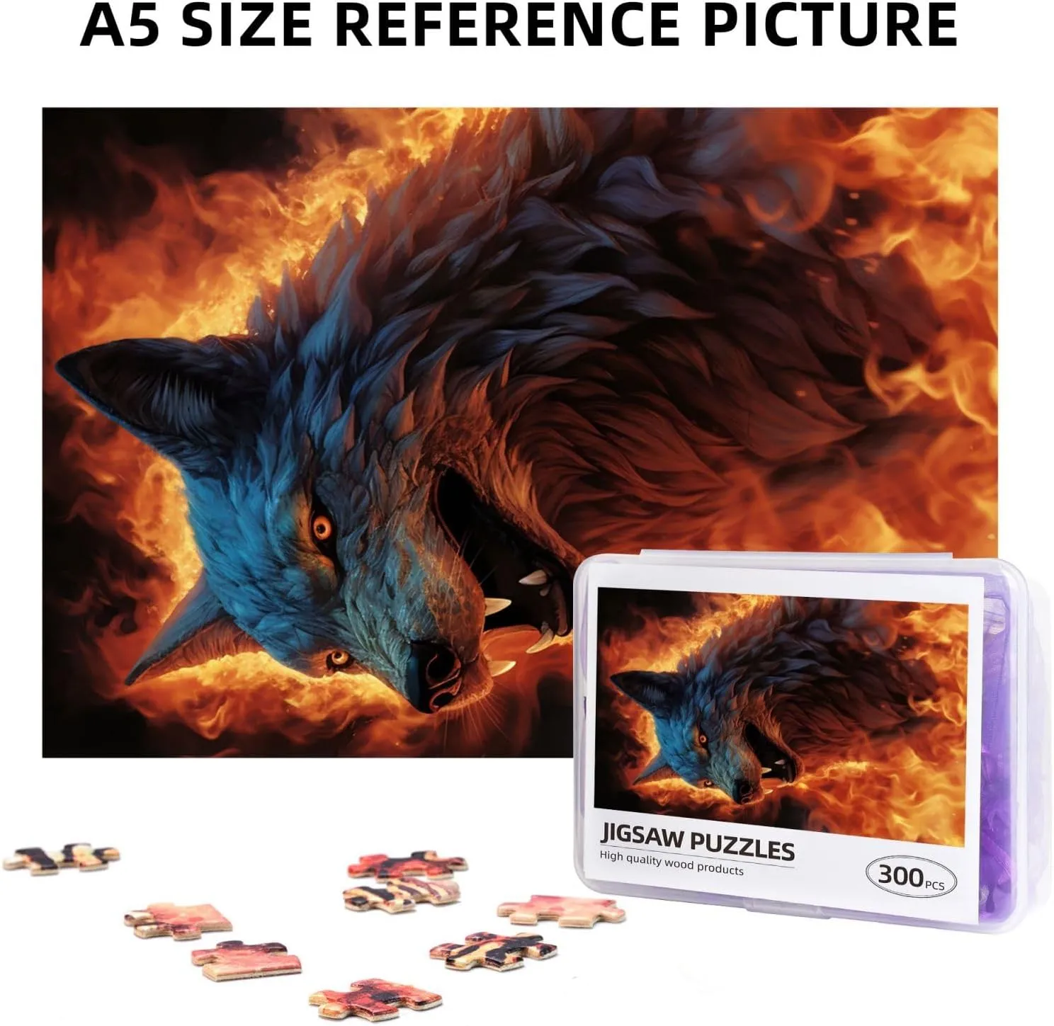 Puzzles 300 Pieces Personalized Jigsaw Puzzles Wolf Surrounded by Fire Photo Puzzle with Storage Bag Challenging Picture Puzzle for Adults Picture Puzzle for Family Decor Jigsaw (10.2" x 15")