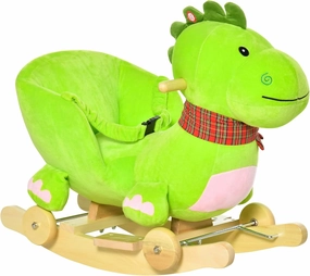 Qaba Baby Rocking Horse Kids Interactive 2-in-1 Plush Ride-On Toys Stroller Rocking Dinosaur with Wheels and Nursery Song