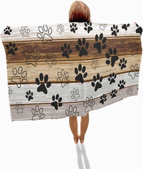 Quick-Drying Microfiber Beach Towel, Brown Gray Wood Grain Soft Absorbent Bath Shower Towels, Pet Footprints Lightweight Portable Towel/Blanket for Travel/Swimming Pool/Camping/Yoga/Gym，35x70 Inch
