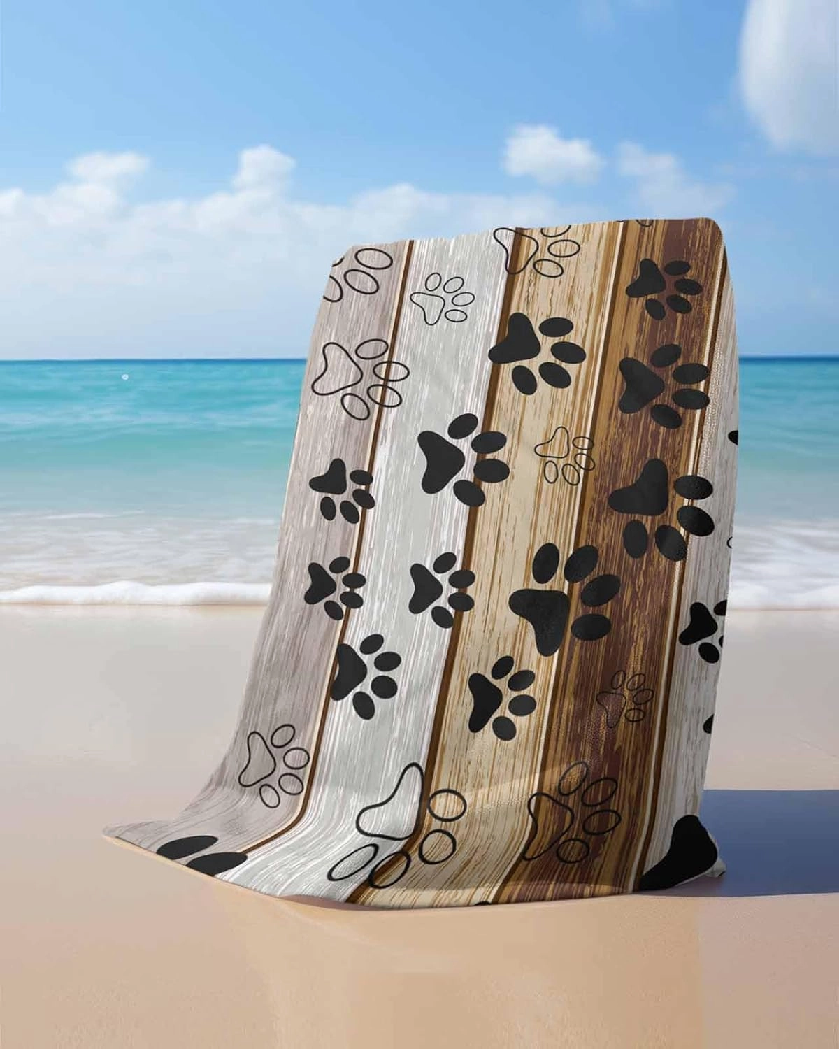 Quick-Drying Microfiber Beach Towel, Brown Gray Wood Grain Soft Absorbent Bath Shower Towels, Pet Footprints Lightweight Portable Towel/Blanket for Travel/Swimming Pool/Camping/Yoga/Gym，35x70 Inch