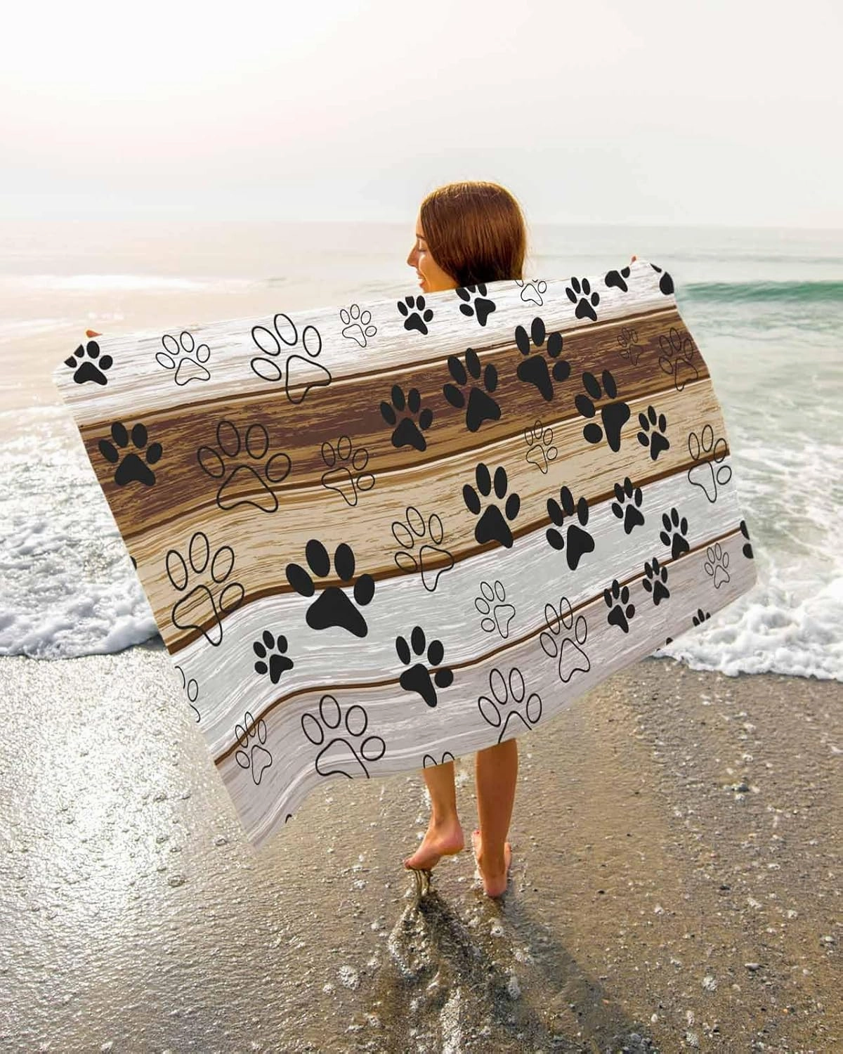 Quick-Drying Microfiber Beach Towel, Brown Gray Wood Grain Soft Absorbent Bath Shower Towels, Pet Footprints Lightweight Portable Towel/Blanket for Travel/Swimming Pool/Camping/Yoga/Gym，35x70 Inch