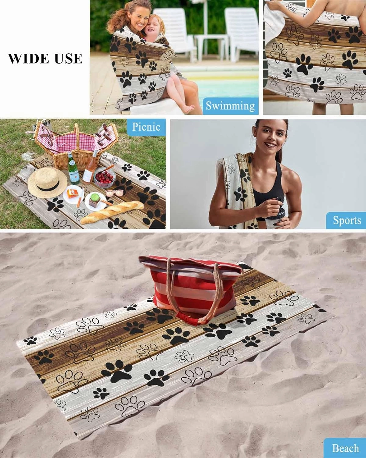 Quick-Drying Microfiber Beach Towel, Brown Gray Wood Grain Soft Absorbent Bath Shower Towels, Pet Footprints Lightweight Portable Towel/Blanket for Travel/Swimming Pool/Camping/Yoga/Gym，35x70 Inch