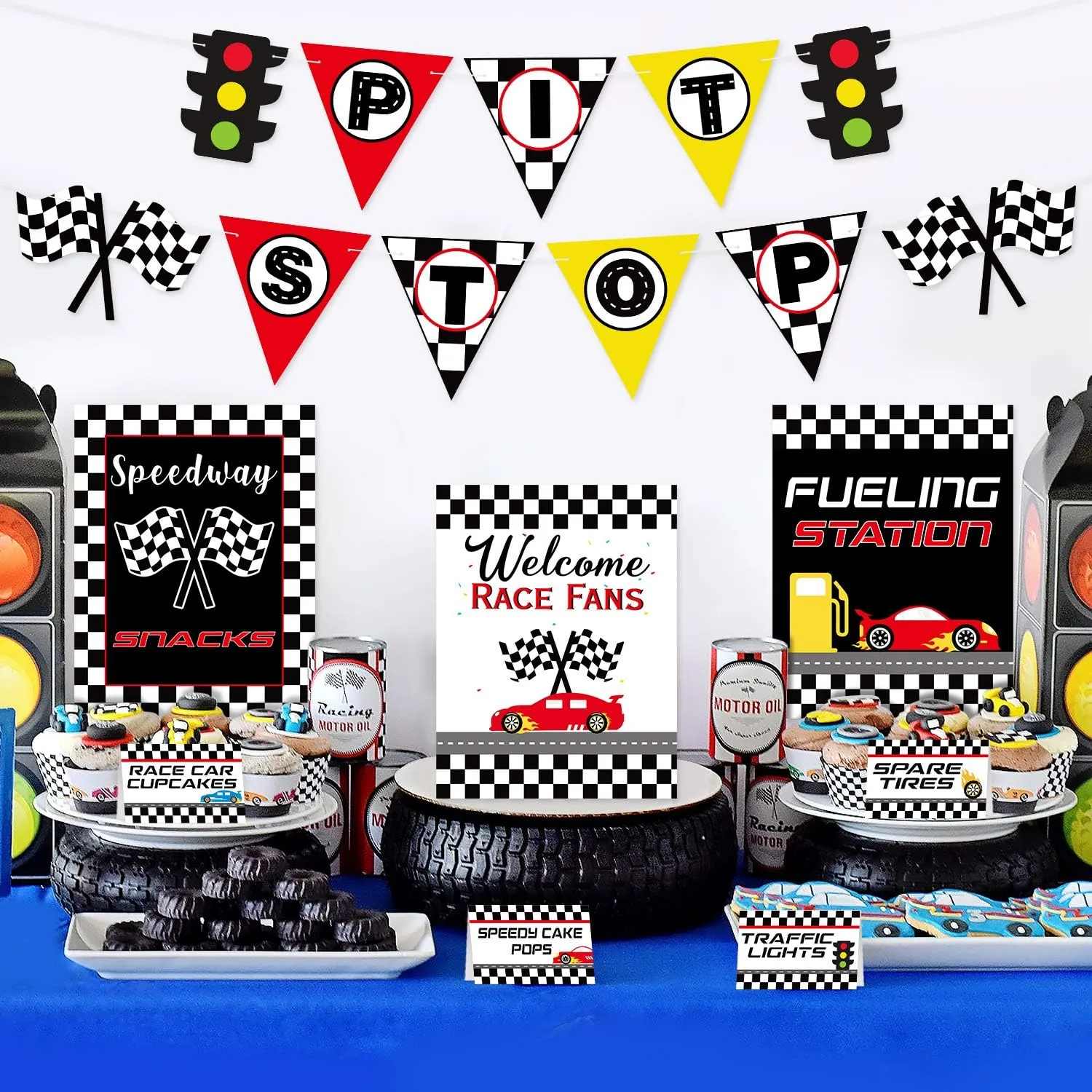 Race Car Bar Decorations Racing Car Birthday Party Decor Kit Pit Stop Banner Race Bar Signs Snack Tent Cards Let's Go Racing Theme Party Supplies