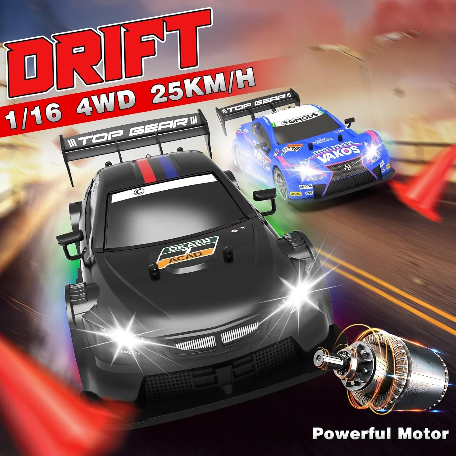 RC Drift Car, Drifting RC Cars 1/16 Remote Control Cars with Colorful Light 2.4GHz 4WD High Speed Racing Vehicle Fast Remote Control Drifting Car Sport Toy Cars for Adults Boys Girls Kids