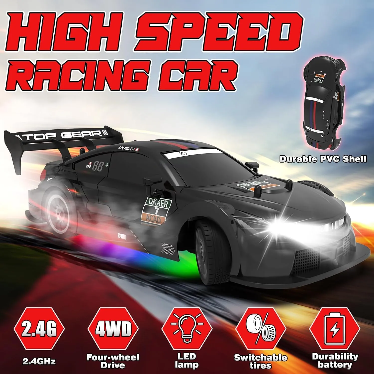 RC Drift Car, Drifting RC Cars 1/16 Remote Control Cars with Colorful Light 2.4GHz 4WD High Speed Racing Vehicle Fast Remote Control Drifting Car Sport Toy Cars for Adults Boys Girls Kids