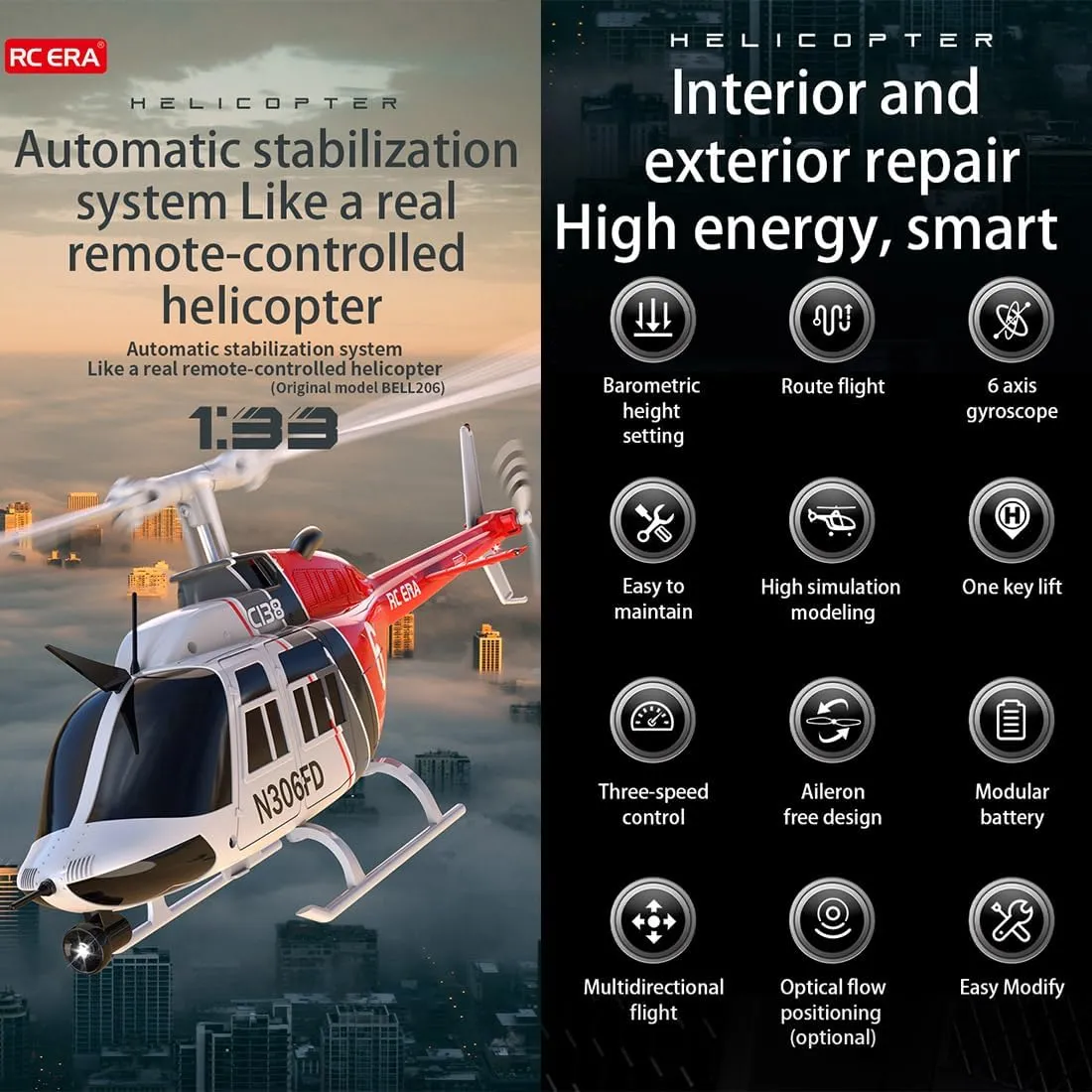 RC ERA C138 206 RC Helicopter with Camera for Adults, 6CH 6 Axis Gyro Remote Control Helicopter, Altitude Hold, One-Key Takeoff, RC Military Drone Gift