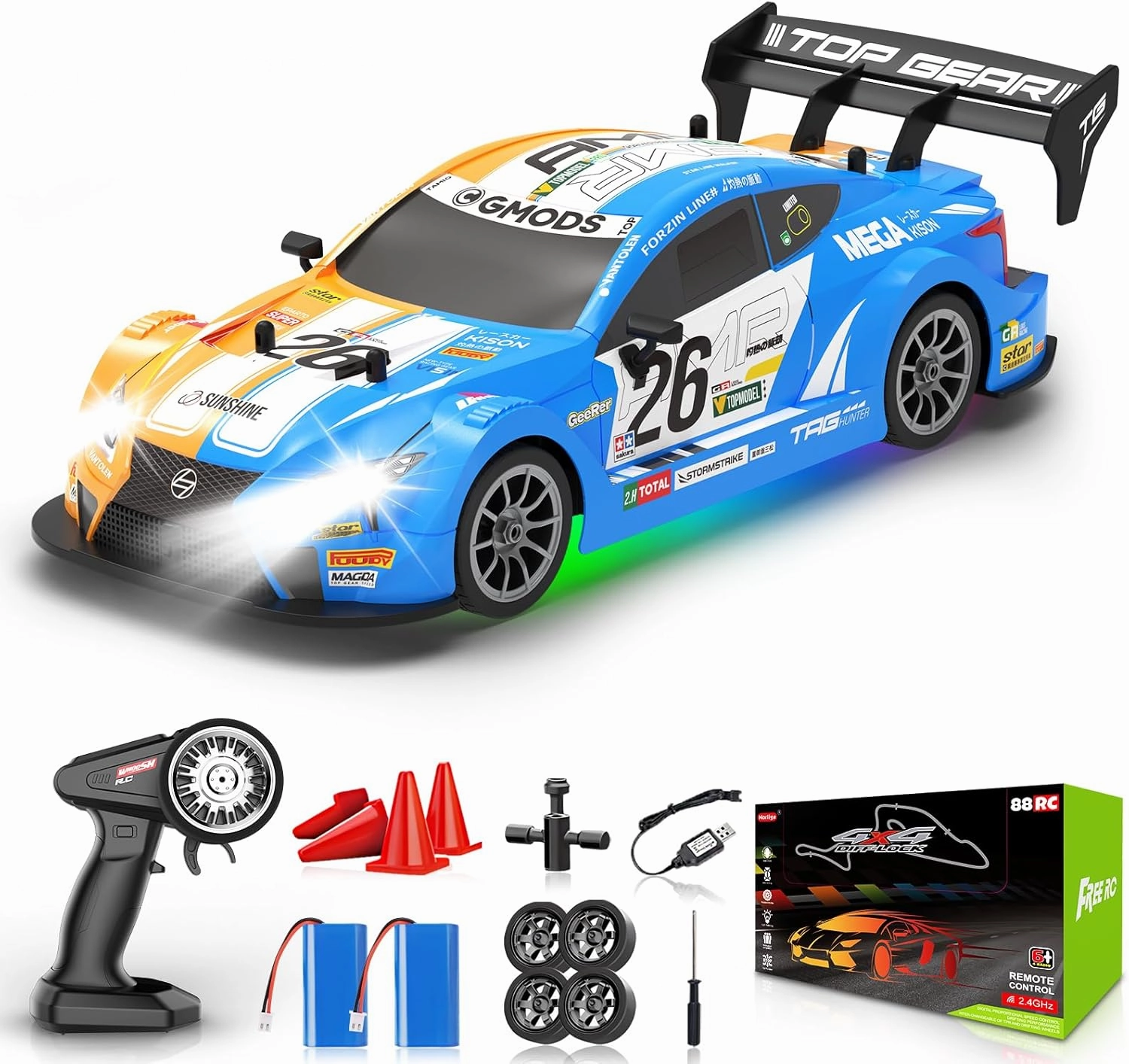 RC Drift Car, Drifting RC Car 1:16 4WD 2.4GHz High Speed Remote Control Cars Vehicle with Colorful Light Two Batteries and Drifting Tires Racing Sport Toy Cars for Adults Boys Girls Kids