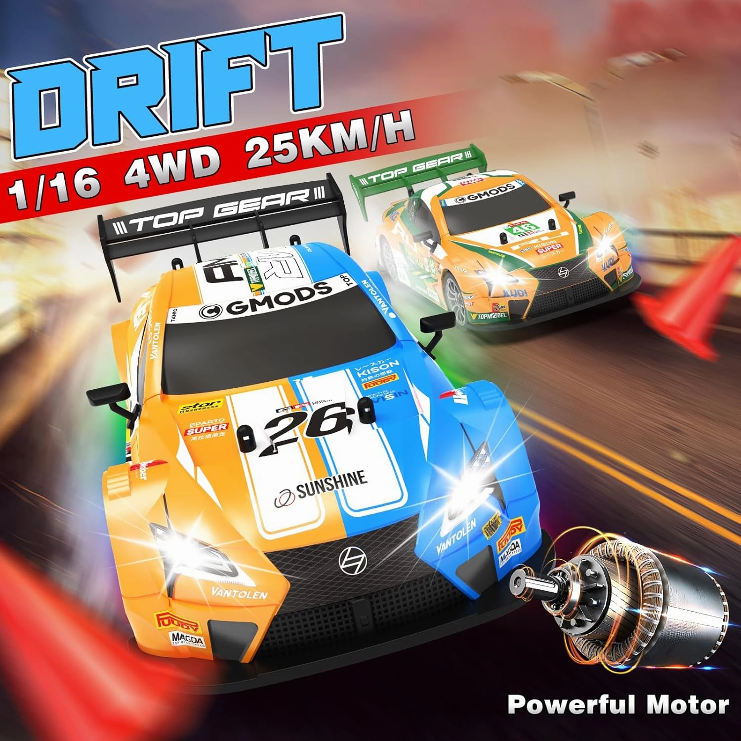 RC Drift Car, Drifting RC Car 1:16 4WD 2.4GHz High Speed Remote Control Cars Vehicle with Colorful Light Two Batteries and Drifting Tires Racing Sport Toy Cars for Adults Boys Girls Kids