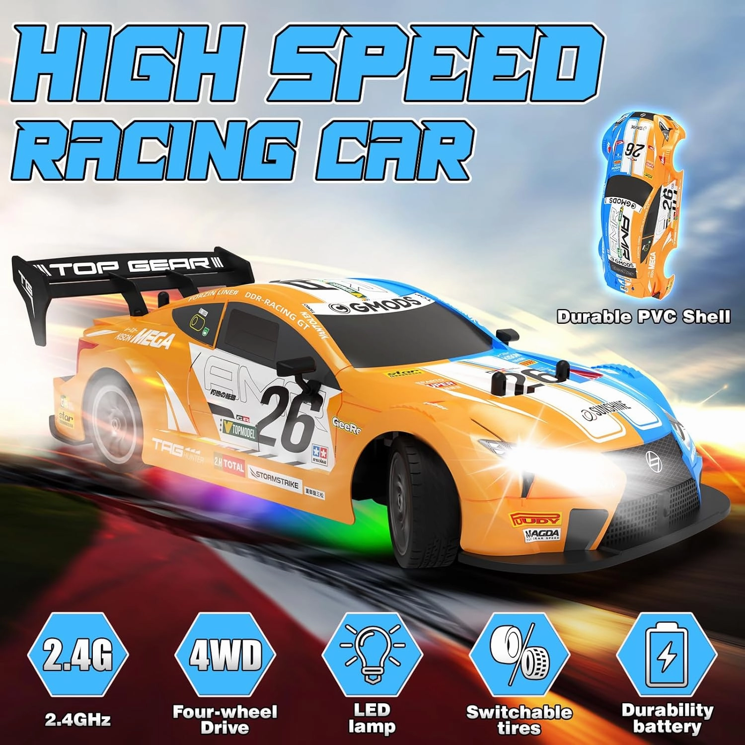 RC Drift Car, Drifting RC Car 1:16 4WD 2.4GHz High Speed Remote Control Cars Vehicle with Colorful Light Two Batteries and Drifting Tires Racing Sport Toy Cars for Adults Boys Girls Kids