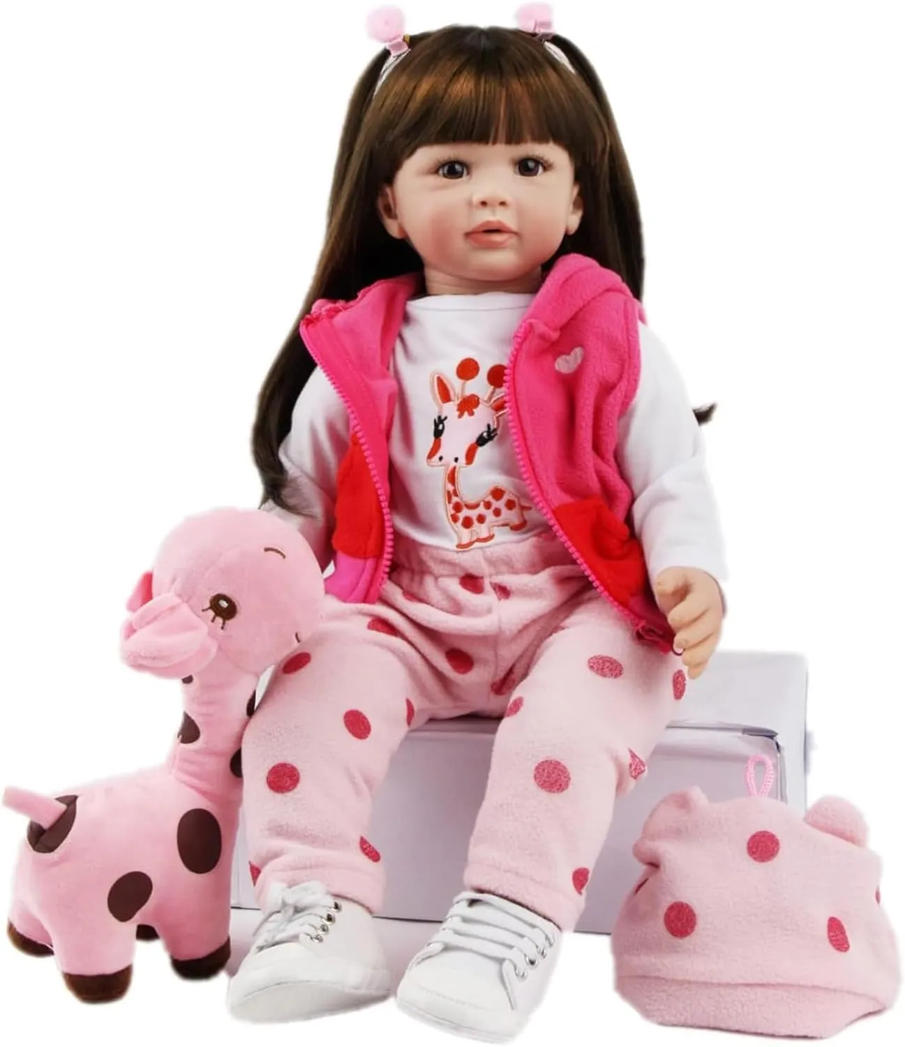 Realistic Baby Doll with Plush Giraffe Toy, Pink Polka Dot Outfit, 24 inches,Reborn Dolls Girl 24 Inch 60cm Soft Silicone Vinyl Reborn Toddler Dolls,Newborn Boy Girl Toys Xmas Gifts