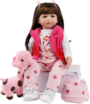 Realistic Baby Doll with Plush Giraffe Toy, Pink Polka Dot Outfit, 24 inches,Reborn Dolls Girl 24 Inch 60cm Soft Silicone Vinyl Reborn Toddler Dolls,Newborn Boy Girl Toys Xmas Gifts