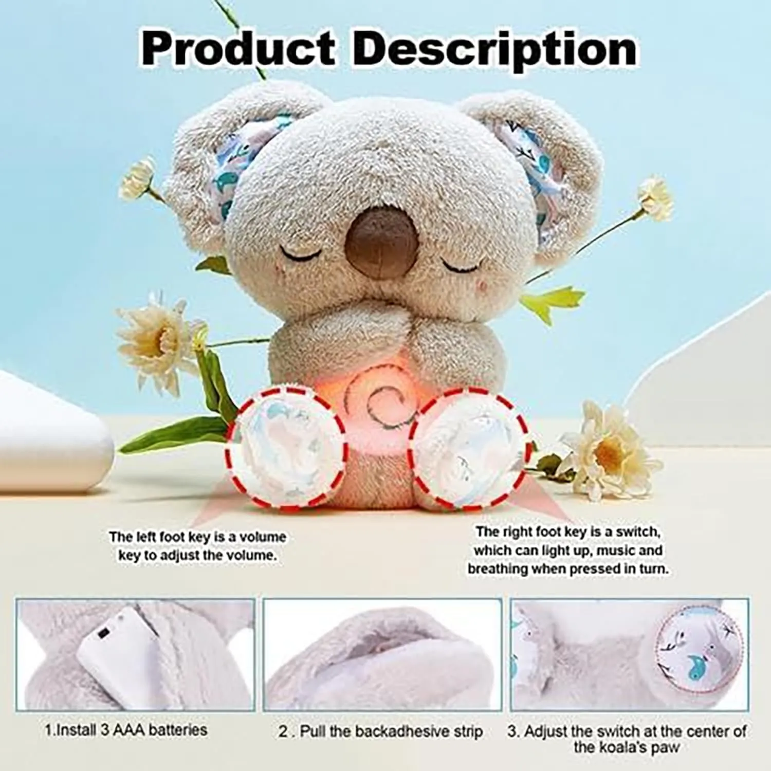 Relief Koala Breathing Stuffed Toy, Anxiety Relief Plush Breathing Animal, Sleeping Koala Plush Breathing with Musical Lights & Rhythmic Breathing Motion