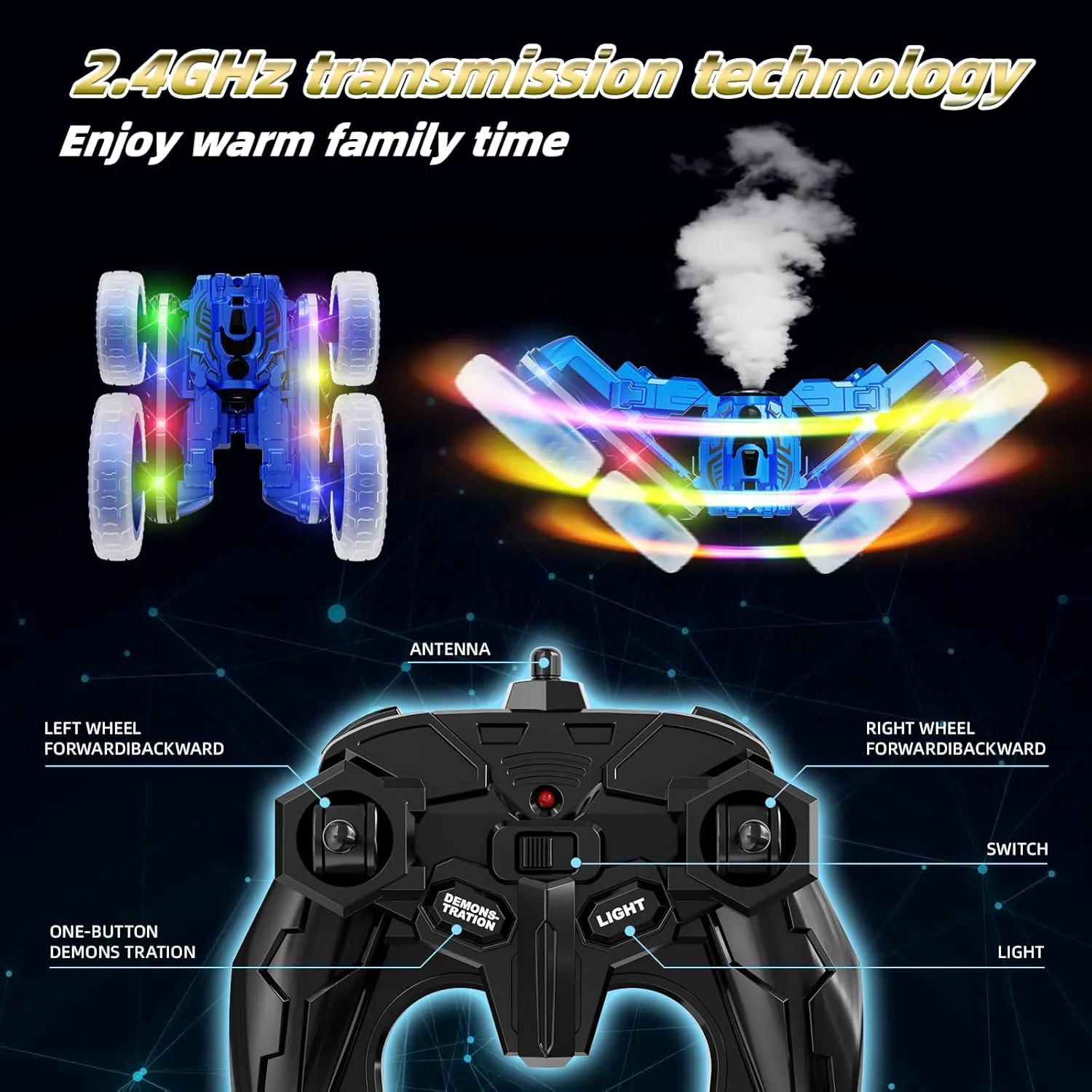 Remote Control Car, 360°Rotating 4WD RC Cars with Cool Spray, 2.4Ghz Double Sided RC Stunt Truck with Cool Lights, Drift Car for Kids Toys Best Gifts for Boys Girls Age 4-6 7 8-13 Year Old