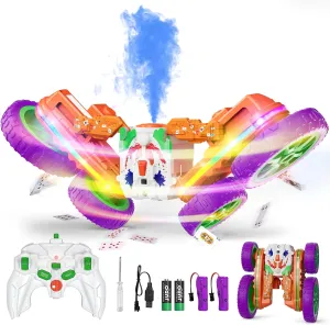 Remote Control Car, 4WD RC Cars with Cool Spray, 2.4Ghz Double Sided RC Stunt Truck with Cool Lights, Drift Car for Kids Toys Best Gifts for Boys Girls Age 4-6 7 8-13 (Orange)