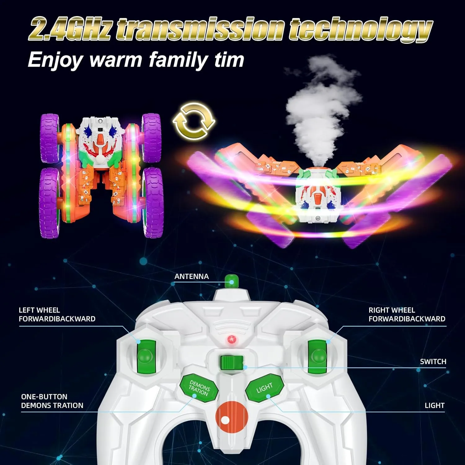 Remote Control Car, 4WD RC Cars with Cool Spray, 2.4Ghz Double Sided RC Stunt Truck with Cool Lights, Drift Car for Kids Toys Best Gifts for Boys Girls Age 4-6 7 8-13 (Orange)
