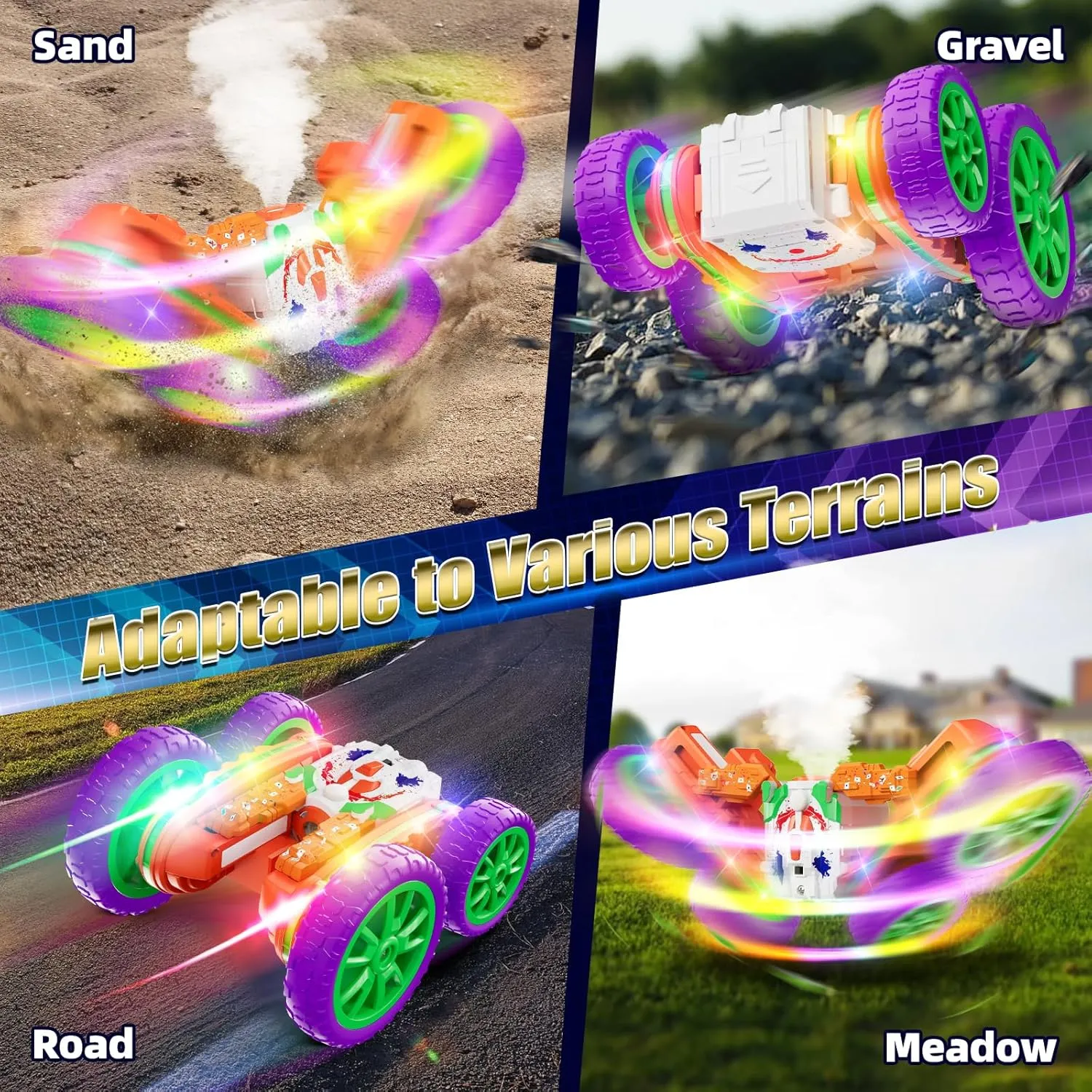 Remote Control Car, 4WD RC Cars with Cool Spray, 2.4Ghz Double Sided RC Stunt Truck with Cool Lights, Drift Car for Kids Toys Best Gifts for Boys Girls Age 4-6 7 8-13 (Orange)